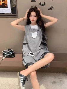 กางเกงยีนส์ทรงหลวมๆ สีเทา กางเกงขายาวผู้หญิง ฤดูร้อน 2025 กางเกงขายาวเอวสูง ไม่มีแขน ทรงหลวมๆ ลำลอง ใส่สบาย