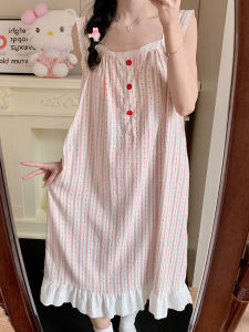 Summer Sleeveless Womens Nightgown with Chest Pad Vintage Stripes Lace Trim Sensual Pure Desire Cloud Cotton Home Clothes