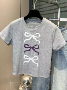 Elegant Butterfly Knot Embroidered Short round Neck T-Shirt Womens Summer Top Casual Style Creative Pattern Heavy Work Stitching