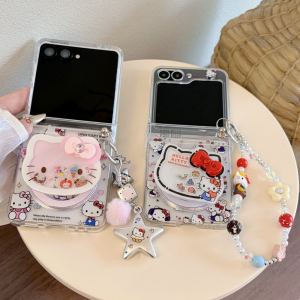 Sanrio | Korea Cute Rotate 3D HelloKitty Cartoon Phone Case for Samsung Galaxy Z Flip6 7 Flip 7 7FE Flip5 4 3 Flip6 Cover With Chain Case