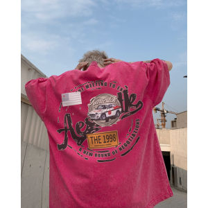 Pink Washed Vintage Short Sleeve T-Shirt Mens Summer Hip Hop Dopaamine Street Style Half Sleeve Trendy American High Street