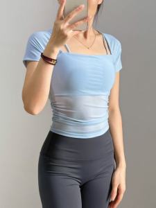 Womens Yoga Fitness Shortsleeve Sports Top Quick Dry Breathable Mesh Tank Top with Chest Pad Summer Prt Exercise Clothes