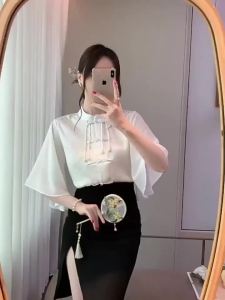 Matching Horse Face Shirt Short Sleeve New Chinese Style National Style 2025 New White Stand Collar Shirt Element Improved Hanfu Top