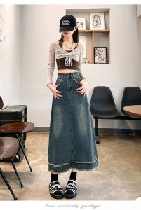 Váy Denim thiết kế đường vắt sổ lỏng khe cỡ lỡn cho eo cao nữ phụ nữ