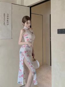 Chinese Style New Chinese Dress Autumn Retro Tight Fitting Daily Improvement Qipao Women High Slit Mesh Long Skirt