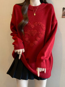 Red Christmas Knitwear Womens Mid-Length plus Size Winter Sweater Heart Pattern Embroidery Anti-Aging Large Code Fat MM Top