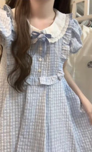 Stylish Niche Style Cute Dress Blue Gingham Dress Womens Summer Sweet Puff Sleeves Girls Dress Small