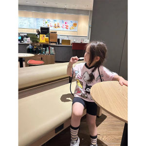 Cute KT Cat Summer Outfit for Girls Childrens Clothing Set Black Short Sleeve T-Shirt And Shorts Two-Piece Korean Style Kids Ensemble