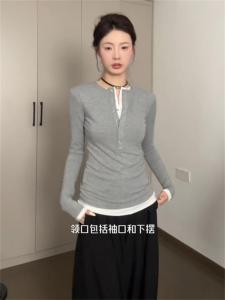 Slimming Long Sleeve Base Shirt Korean Style Color Block Design Womens Fashionable Versatile Top for Autumn Season