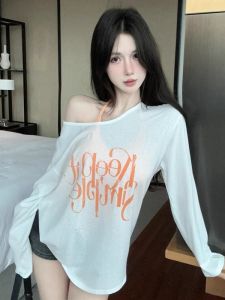 GUZILIAN | Korean Style Long Sleeve T-Shirt Womens Neck Hanging Strap Letter Print Slimming Top And Bottom Set Fashionable Autumn Wear