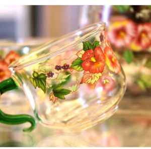 Thickened Heat Resistant Glass Tea Cup with Lid And Handle Flower Pattern Classic Design Tea Pot Self Filtering Tea Cup