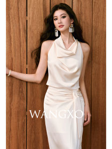 WANGXO | Áo Satin Bóng Đẹp với Cổ Drape và Chân Váy Nơ có Nếp Nhăn và Khe
