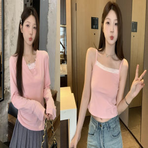 Plus Size Shoulder Long-Sleeve Suit Female Early Autumn New Arrival Fat Girl Flab Hiding Slimming Sense of Design V Neck Tops Vest Two-Piece Set