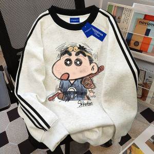 American Style Fleece Lined round Neck Sweatshirt Vintage Print Three Stripe Mens Loose Fit Autumn Winter Casual Top