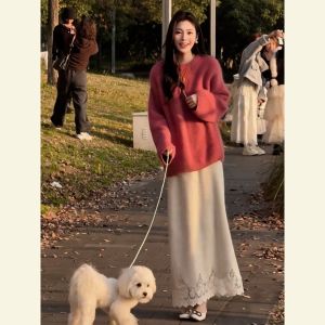 SHANGSHA | French Style Loose Pink Sweater Dress Set