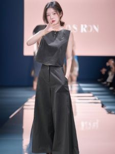 Summer Casual High Waist Womens Set Vest Top And Wide Leg Pants Two Piece Tea Themed Outfit Korean Style round Neckline