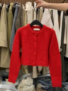 European Goods Beautiful Atmosphere Big Red Single-Breasted Cropped Sweater Coat Womens Lazy Soft round Neck Knitting Cardigan