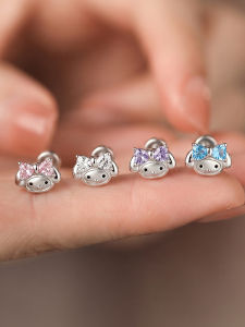 OUGUI | Unique Sweet Titanium Steel Earrings with Colored Diamonds Bow Kitten