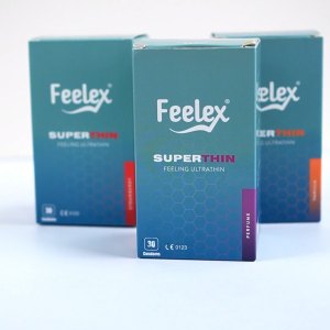 Bao cao su nam gia đình siêu mỏng Feelex Super Thin nhiều gel bôi trơn hương dâu vani - Hộp lớn 30 bcs