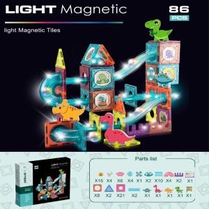 Dinosaur Theme Magnetic Tiles Building Blocks Set with Trackball and Light Effects (86 Pieces) for Kids
