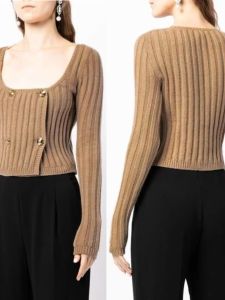 French Vintage High Waist Square Collar Slim Fit Knitted Double Row Metal Button Open Cardigan Sweater Toffee Color Fashionable Design