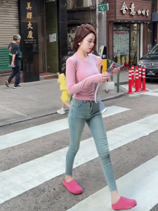 High Waist Slim Fit Blue Washed Denim Jeans Womens Pencil Nine Point Elastic Cotton Spring Autumn Wear Resistant Trousers