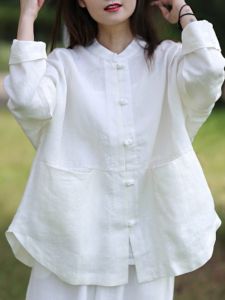 New Chinese Style Cotton Linen Japanese Womens Jacket Stand Collar Long Sleeve Tai Chi Uniform Retro Button up Casual White Shirt