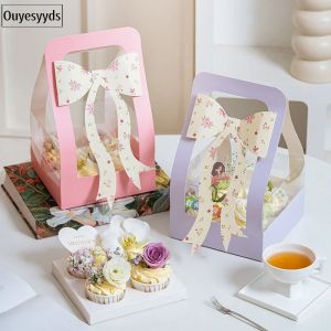 Portable Bowknot Cake Box 4 Holes Cardboard Cupcake Packaging for Valentines & Mothers Day Decorative Gift Box