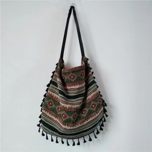 Vintage Bohemian Viền Túi Đeo Vai Nữ Tua Rua Boho Hippie Giang Hồ Vải Lanh Túi Xách Có Lớp Lót Cotton Cổ Mở Tất