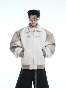 เสื้อแจ็คเก็ตสั้นลายพรางงูหนักสำหรับผู้ชาย ทรงหลวม สไตล์ย้อนยุค ปกโปโล แขนยาว ปกติ ฤดูใบไม้ผลิและฤดูใบไม้ร่วง