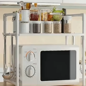 Lightweight 2 Layer Microwave Rack Nail Free Kitchen Shelf with Towel Holder Space Saving Organizer