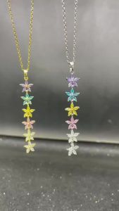 High Quality Shiny Colorful Cubic Zirconia Flower Pendant Choker Long Necklace Women Stainless Steel 18K Gold Plated Jewelry