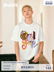 Beaster Graffiti Color Block Cotton T-Shirt Comfortable Knitted Casual American Style Spring 2024 Fashion Trend round Neck Short Sleeve