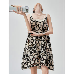 XIAODADEHUA | Resort Style Floral Embroidery Lace-up A-Line Knit Dress