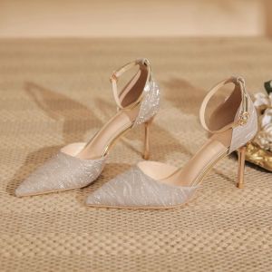 สีแชมเปญเดี่ยว สายคล้อง รองเท้าส้นสูงสําหรับผู้หญิงคริสตัลประดับรองเท้าแต่งงานหมั้น ฤดูใบไม้ผลิ 2024 ชี้ Toe