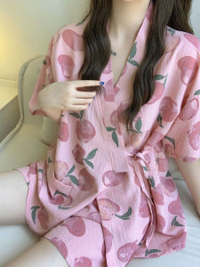 Summer Cotton Kimono Sleepwear Womens Short Sleeve Two-Piece Set Home Clothes V-Neck Print Thin Polyester Fabric Short Pants