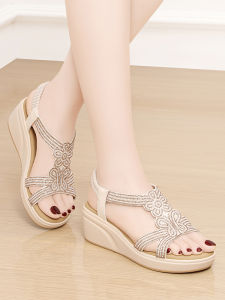 Giày Sandal Đế Xuồng Da Thật Cho Nữ Mùa Hè 2025 Giày Đế Dày Thời Trang Giày Đế Xuồng La Mã Hở Mũi Đính Đá Rhinestone Giày Mẹ