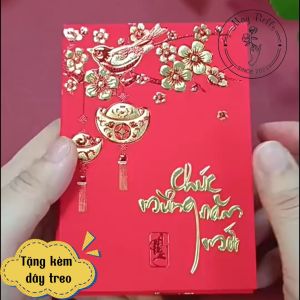 Set 6 Bao Lì Xì Nhung Đỏ Truyền Thống Treo Tết Lì Xì Treo Cây Mai Đào Trang Trí Tết Kèm Dây Size 8x11.5cm