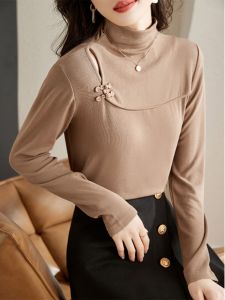 เสื้อยืดคอกลมแขนยาวสไตล์ย้อนยุคสำหรับผู้หญิง แฟชั่นฤดูใบไม้ร่วง 2023 ผ้าโพลีเอสเตอร์ผสมโพลีเอสเตอร์ 70% คอตตอน 30%