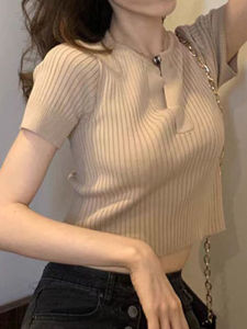 Summer 2024 New Womens Design Sense Short Sleeve T-Shirt Retro Style Ins Trend Knitted Jumper Half Open Collar Pure Color