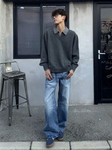 Retro Washed Distressed Lightning Pattern Mens Jeans Loose Straight Leg Casual Straight Loose Leggings American Street Style