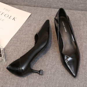 Soft Leather Professional High Heels Cowhide Pointed Toe Flats Genuine Leather Black Middle Heel Fine Heel Flight Attendant Goatskin Work Shoes for Women