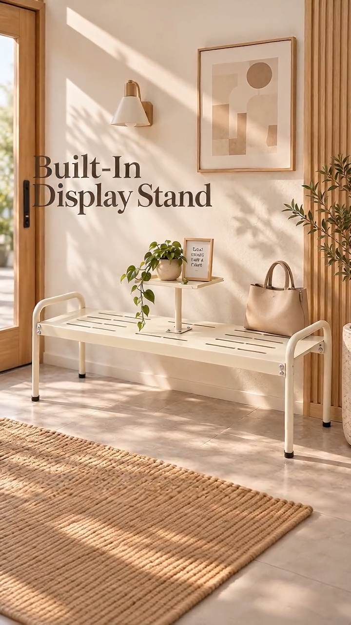 Modern Metal Bench with Built-In Tray & Armrests – Entryway Chair for Home Balcony Cafe & Waiting Area
