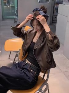 Retro Hong Kong Style Short Biker Jacket Womens Coffee PU Leather Coat Early Autumn 2024 New Small Size Fashion Top
