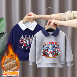 Boys Hoody Winter Warm Fleece-Lined Thickened Ultraman Boy Polo Shirt Gym Clothes Lapel Long Sleeves Trendy