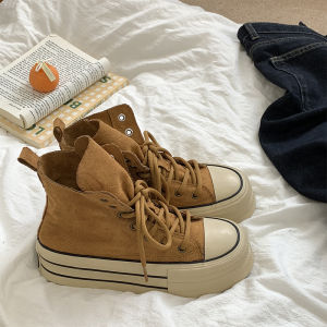 High-Top Casual Sneakers Womens Flip-Up Thick Bottom Leisure Shoes Korean Style Cross-Buckled round Toe Rubber Outsole