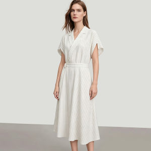 AMII | Commuter Stripe Dress with Notch Collar and Buckle Belt Decoration