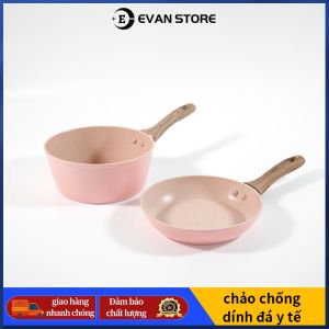 Bộ Nồi Chảo Chống Dính Cao Cấp 16cm Vân Đá Hoa Cương Hồng Đáy Từ Dùng Mọi Loại BếpNồi bổ sung thức ăn bằng đá Maifan