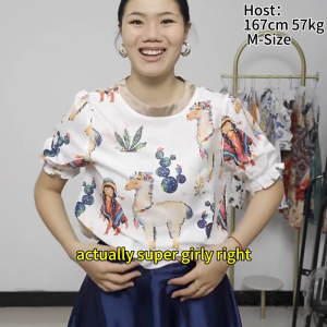 Womens Basic T-shirt Printed Top Moms Pleated Short Sleeve  with Colorful Animal & Plant Patterns 2505