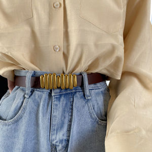 Retro Vertical Striped Buckle Leather Belt Dark Buckle Jeans Waist Belt Fashionable Simple Suit Dress Waist Seal